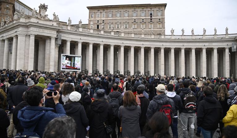 Pope Francis leads his Sunday Angelus prayer from the window of his office overlooking Saint Peter's Square, Vatican City, 28 November 2021. 