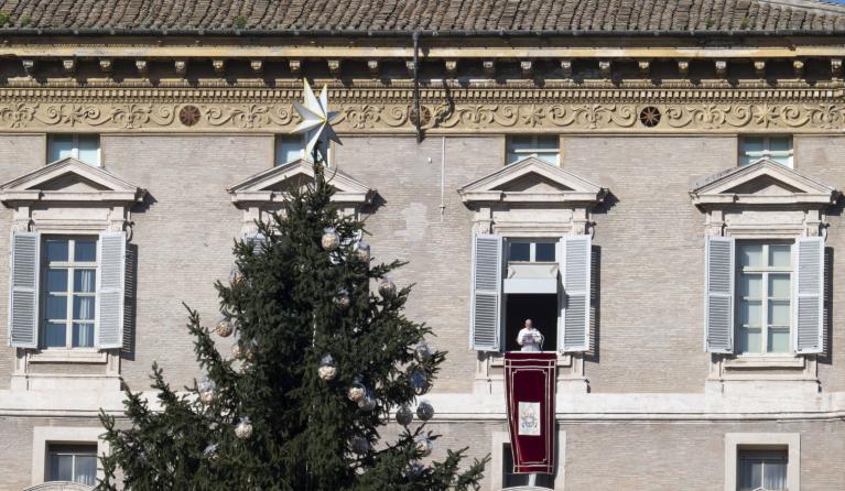 Pope Francis as he leads Angelus Prayer from the window of his office overlooking Saint Peter's Square at the Vatican, 12 December 2021. 