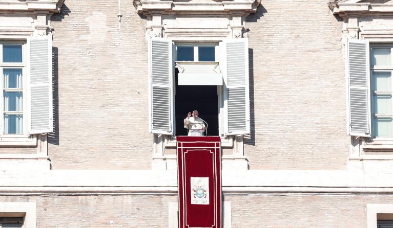 Pope Francis during the Angelus prayer in St. Peter's Square, Vatican City, 16 January 2022. 