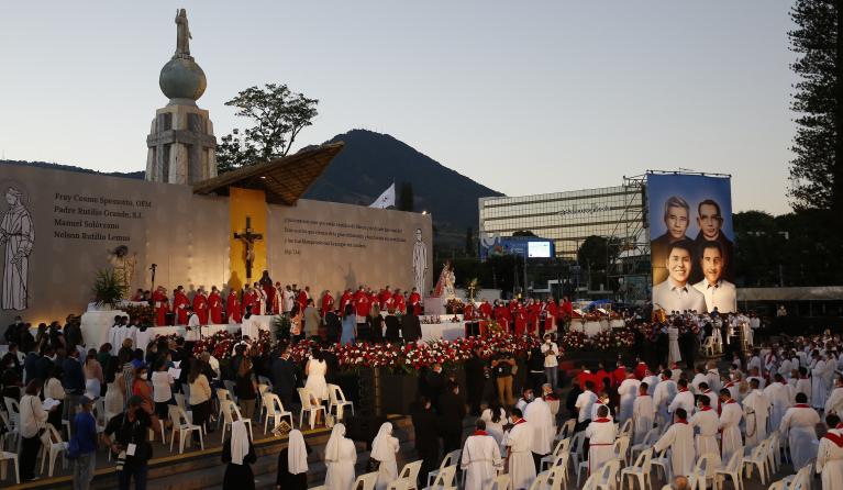 The beatification ceremony of the priests Rutilio Grande, Cosme Spessotto and the laity Nelson Lemus and Manuel Solorzano, in the Plaza de las Americas, popularly known as Plaza Salvador del Mundo, in San Salvador, El Salvador, 22 January 2022. The event is chaired by Salvadoran Cardinal Gregorio Rosa Chavez, who was delegated by Pope Francis for this purpose. Religious guests from 'all' the dioceses of El Salvador, priests, five lay people per parish, the presidents of the three branches of government