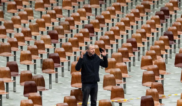 A man shouts during the weekly general audience of Pope Francis in the Paul VI hall at the Vatican on February 2, 2022.