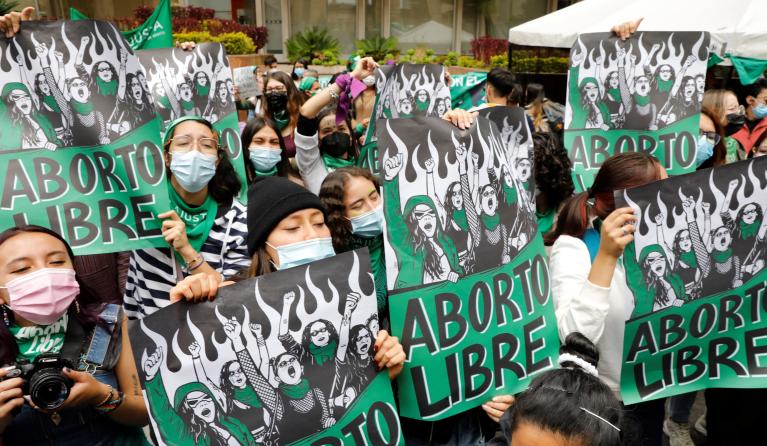 Feminist groups gather in front of the headquarters of the Constitutional Court to await the decision on the decriminalization of abortion, in Bogota, Colombia, 21 February 2022. Colombia is still waiting for the final decision of the Constitutional Court on the decriminalization of abortion. 
