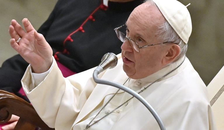 Pope Francis speaks during his weekly general audience at the Paul VI hall on February 23, 2022 in the Vatican. 