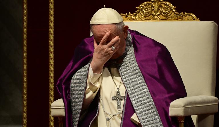 Pope Francis prays during a penitential celebration service at St. Peter's Basilica on March 25, 2022 in The Vatican, during which he is to consecrates Russia and Ukraine to the Immaculate Heart of Mary. 