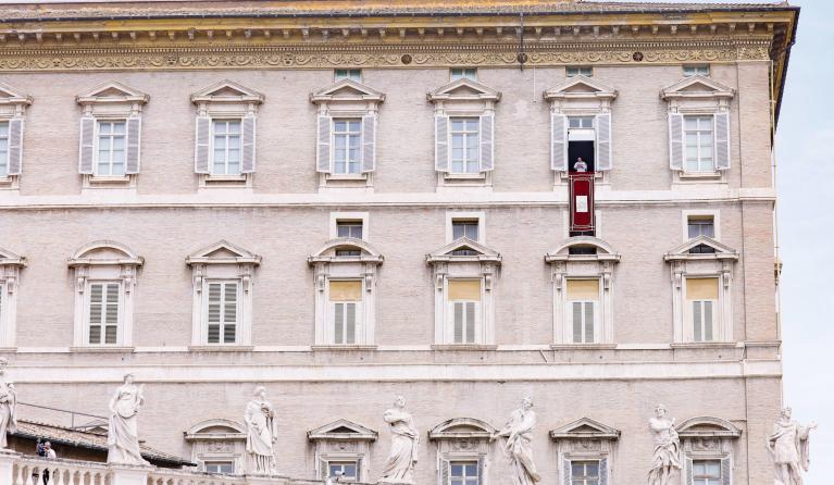 Pope Francis leads the Regina Coeli prayer from a window overlooking Saint Peter's Square in Vatican City, 05 June 2022. 