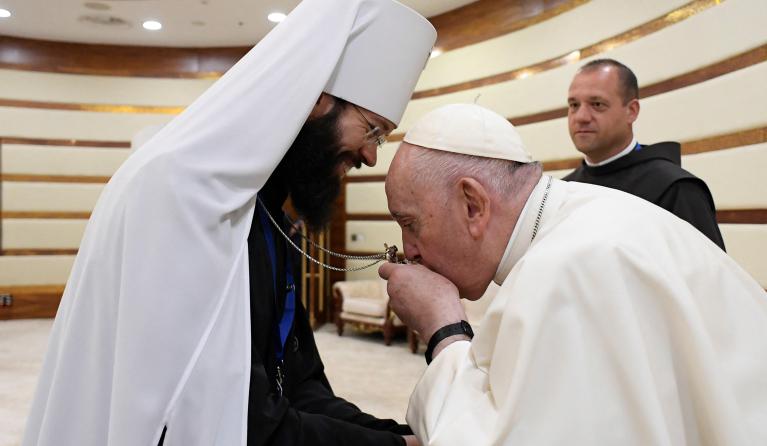 Pope Francis meets with Chairman of the Department of External Church Relations of the Moscow Patriarchate, Metropolitan Anthony of Volokolamsk on the sidelines of the VII Congress of Leaders of World and Traditional Religions at the Palace of Peace and Reconciliation in Nur-Sultan on September 14, 2022. Filippo MONTEFORTE / AFP