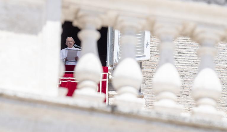 Pope Francis delivers his speech during the Angelus prayer, at St. Peter's square in the Vatican, on June 27, 2021