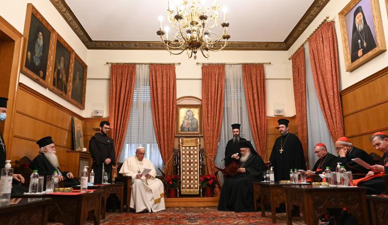 Pope Francis (C-L) meets Archbishop Ieronymos II of Athens and All Greece (C-R) in the 'Throne Room' of the Orthodox Archbishopric of Greece in Athens, 04 December 2021. Pope Francis arrived to Greece 04 December for the second leg of his trip to the region with meetings in Athens aimed at bolstering recently-mended ties between the Vatican and Orthodox churches.