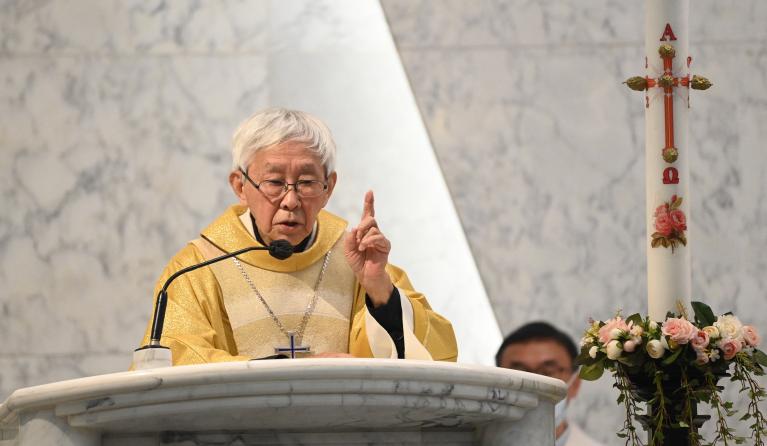 Retired Cardinal Joseph Zen, one of Asia's highest ranking Catholic clerics, attends mass at the Holy Cross Church in Hong Kong on May 24, 2022. The ninety-year-old retired Catholic cardinal appeared in a Hong Kong court on May 24 charged with failing to properly register a protest defence fund, after he was initially arrested under the city's national security law. 