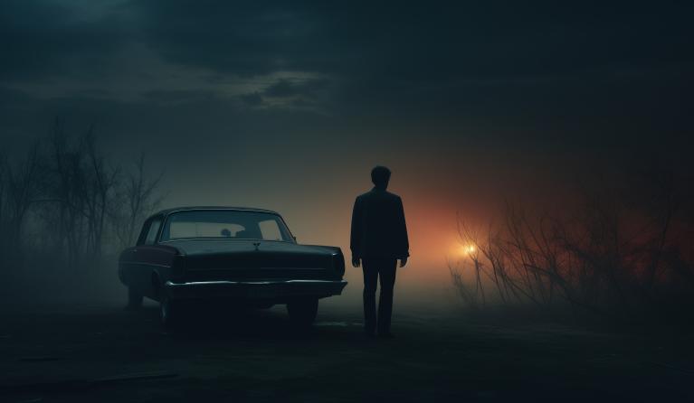 auto en silhouet persoon in het donker