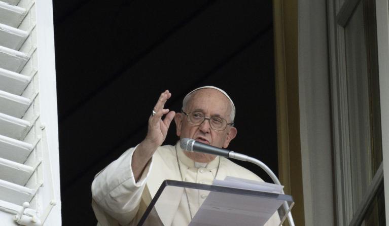 A handout photo made available by the Vatican Media shows Pope Francis leading the Angelus prayer from the window of his office overlooking St. Peter's Square in Vatican City, 02 July 2023. EPA/VATICAN MEDIA 