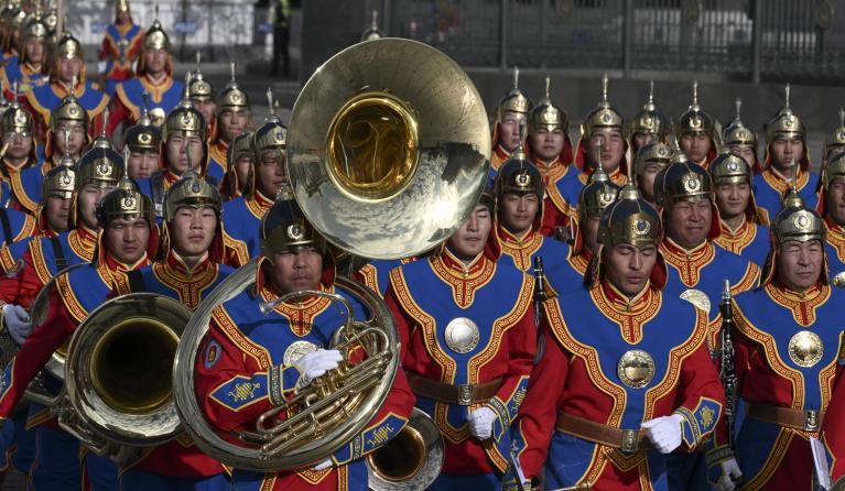 An honor guard marches during a welcome ceremony for Pope Francis at the State Palace in Sukhbaatar Square in Ulaanbaatar, Mongolia, 02 September 2023, during his apostolic journey in Mongolia. EPA/CIRO FUSCO