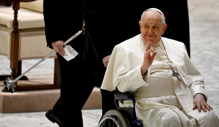 Pope Francis arrives for the weekly general audience on February 28, 2024 at Paul-VI hall in The Vatican. Tiziana FABI / AFP