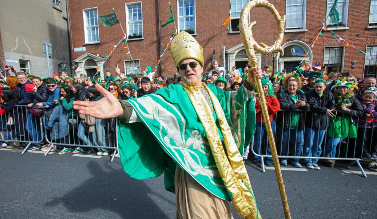 A St Patrick performer poses during the annual St Patrick's Day parade in Dublin on March 17, 2024. Paul Faith / AFP