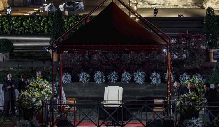 The empty chair that had been prepared for Pope Francis during the Via Crucis procession Rome, Italy, 29 March 2024. 'To preserve his health in view of tomorrow's Vigil and the Holy Mass on Easter Sunday, this evening Pope Francis will follow the Via Crucis at Colosseum from Casa Santa Marta', as communicated by the Vatican Press Office. EPA/FABIO FRUSTACI