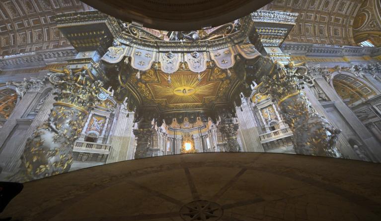 Videos on the construction of St Peter's basilica are shown on a giant screen during the press preview of "St. Peter's Basilica AI-Enhanced experience".