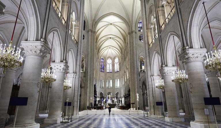 he nave of Notre-Dame de Paris cathedral in Paris, France, 29 November 2024. French President Macron is visiting the cathedral's construction site on 29 November, to thank the donors and people who worked to rebuild the monument after it was severely damaged in a fire that broke out on 15 April 2019. The Paris Cathedral will be officially inaugurated after nearly six years of renovation work on 07 December 2024. EPA/STEPHANE