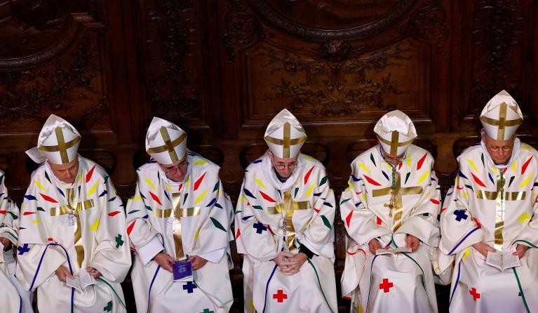 Bishops attend the inaugural Mass, with the consecration of the high altar, at the Notre-Dame de Paris Cathedral in Paris, France, 08 December 2024. The Notre Dame de Paris Cathedral reopened on 07 December after nearly six years of renovation work following its destruction by a fire on 15 April 2019. EPA/SARAH MEYSSONNIER / POOL MAXPPP OUT