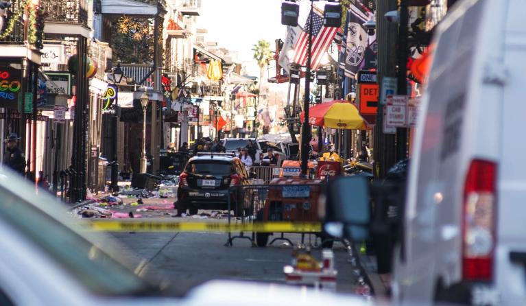Police respond in the French Quarter after a car plowed into a crowd in New Orleans, Louisiana, USA, 01 January 2025. At least 10 people are dead and 30 injured after a man drove a white pickup truck into a crowd on Bourbon Street. The driver was killed in a shootout with police. The FBI is investigating the incident as an act of terrorism. EPA/SHAWN FINK