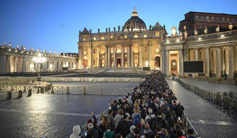 Members of the public line up to pay their respects to late Pope Francis as he lies in state inside Saint Peter's Basilica, Vatican City, 23 April 2025. Faithful and well-wishers will be able to pay their respects to Pope Francis, who died on 21 April 2025, aged 88, until his funeral on 26 April in the plaza in front of the basilica. EPA/ALESSANDRO DI MEO