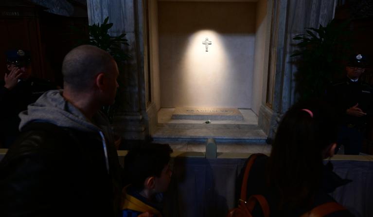 People visit the tomb of Pope Francis on the first day of its opening to the public in Santa Maria Maggiore basilica in Rome on April 27, 2025. Tiziana FABI / AFP