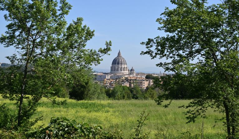 This photograph shows a view of the St Peter's Basilica of The Vatican, taken from the Villa Doria Pamphili in Rome on April 29, 2025. Alberto PIZZOLI / AFP