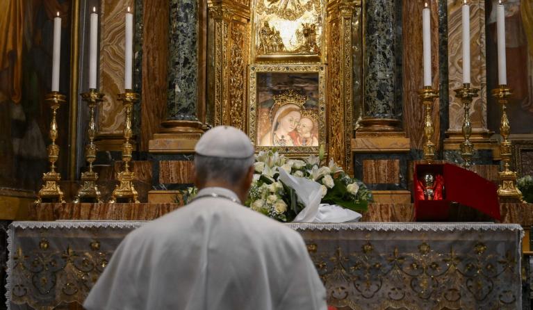 A handout photo made avaliable by Vatican Media shows Pope Leo XIV praying during a visit to the Sanctuary of the Mother of Good Counsel in Genazzano, near Rome, Italy, 10 May 2025