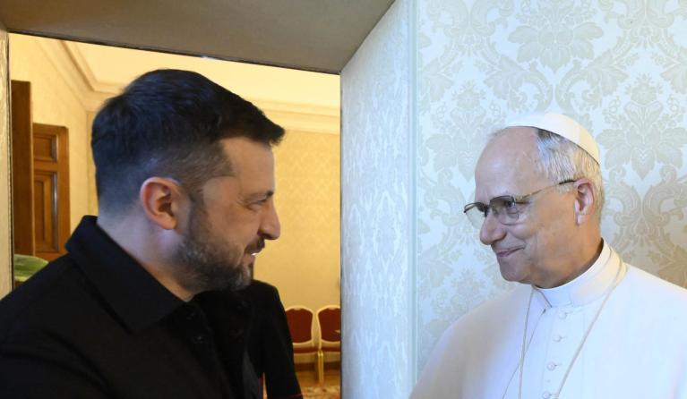 A handout photo made available by the Vatican Media shows Pope Leo XIV meeting Ukraine's President Volodymyr Zelensky (L) at the papal residence of Castel Gandolfo, Italy, 09 July 2025. EPA/VATICAN MEDIA 