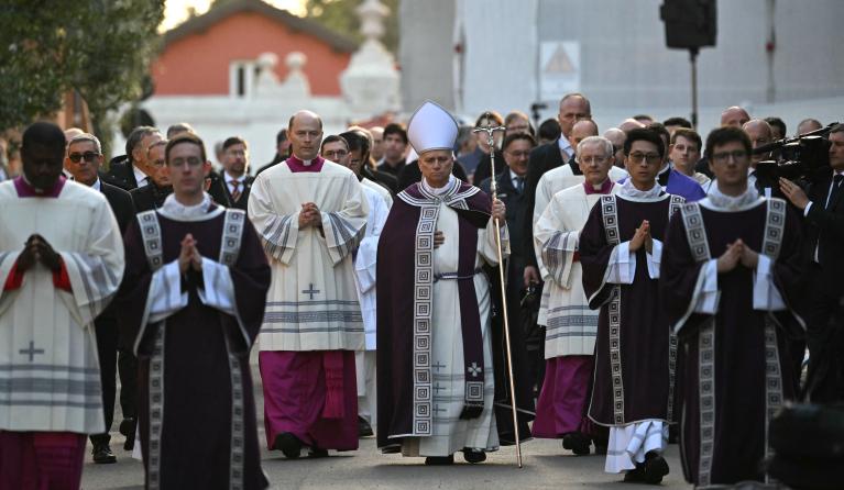 Pope Leo XIV attends a penitential procession outside the Church of Saint Anselm on the Aventine Hill in Rome before a holy mass on Ash Wednesday at the Basilica of Saint Sabina, on February 18, 2026. Andreas SOLARO / AFP