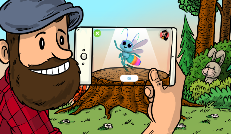 Illustratie boswachter Tim die met mobiel een vlieg filmt