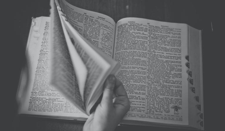 iemand die door een woordenboek bladert