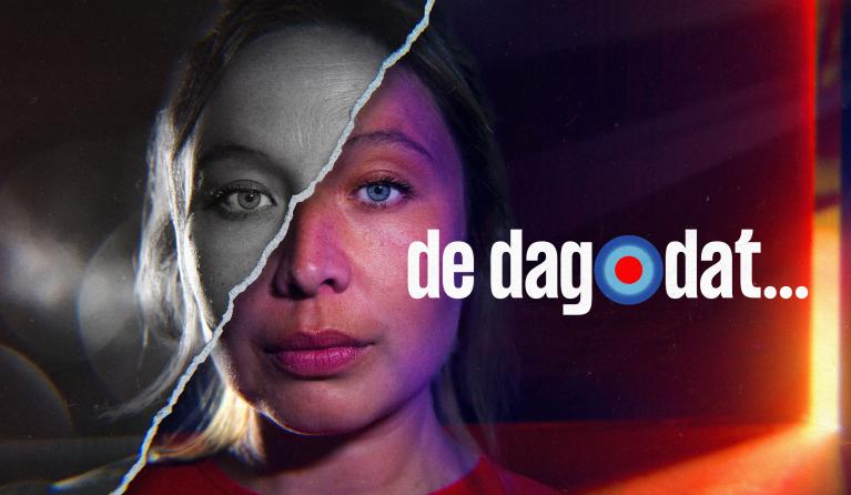 Vrouw met breuklijn en titel 'De dag dat'