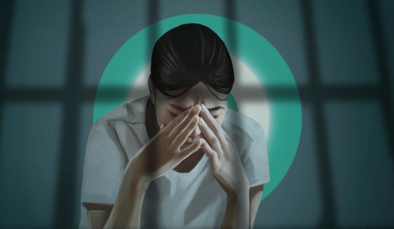 Grafische afbeelding van een vrouw met haar handen voor het hoofd