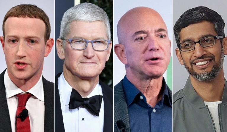 Mark Zuckerberg, Tim Cook, Jeff Bezos, en Sundar Pichai 