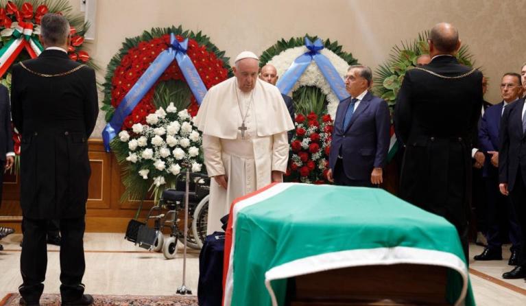 A handout picture provided by the Vatican Media shows Pope Francis paying respect at the coffin of late President Emeritus of the Republic Giorgio Napolitano as it lays in state, in the Senate in Rome, Italy, 24 September 2023.