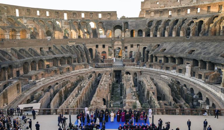 Pope Leo XIV (C) attends an inter-religious meeting to pray for peace at the Colosseum in Rome, Italy, 28 October 2025. The Community of Sant'Egidio is concluding its International Meeting of Dialogue and Prayer for Peace in Rome. EPA/GREGORIO BORGIA / POOL