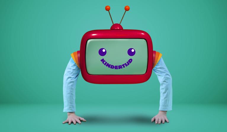 Een rode televisie met handen eruit van Kindertijd
