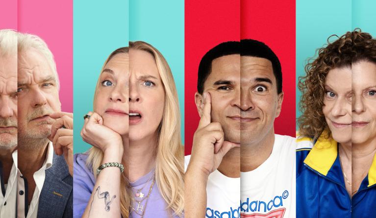 Vier gezichten in vier gekleurde vakken