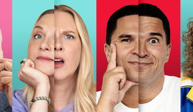 Vier gezichten in vier gekleurde vakken