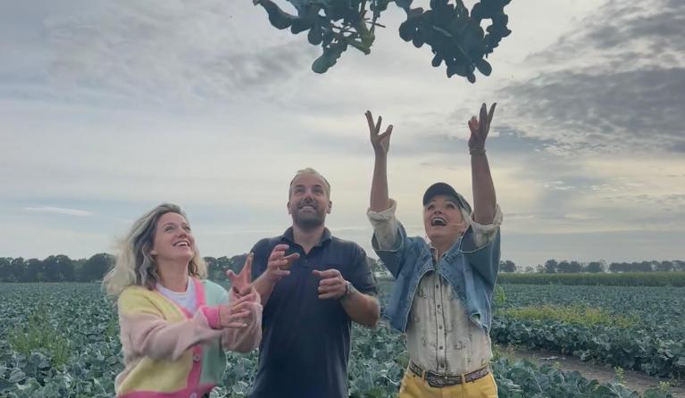 drie mensen gooien broccoli's omhoog in een broccoliveld