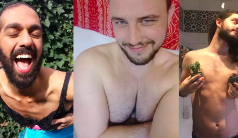 Drieluik van mannen die hun borst trots laten zien 
