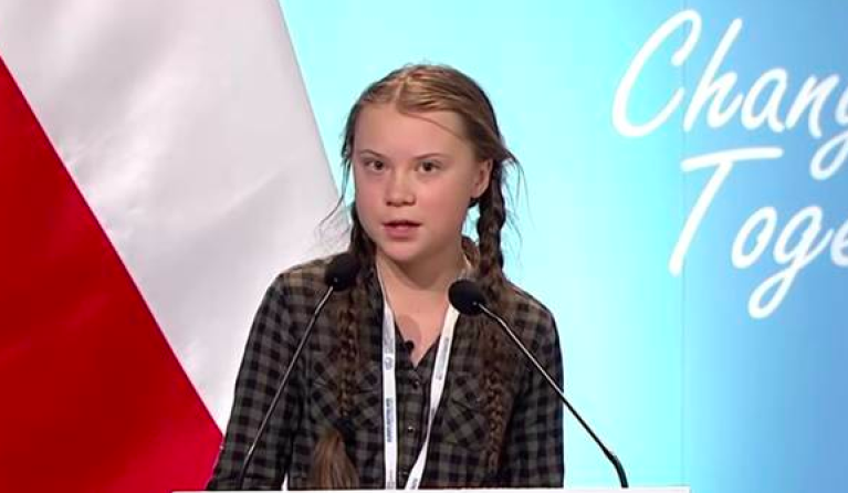Greta Thunberg spreekt op de klimaattop in Katowice.