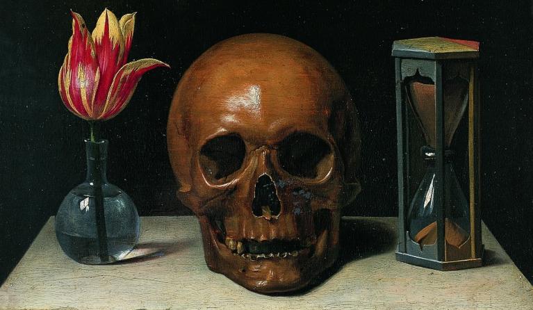 Kwiat, czaszka i klepsydra, odpowiadające kolejno życiu, śmierci oraz czasowi. Philippe de Champaigne, Vanitas (ok. 1671)