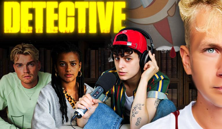 Vier jongeren kijken met een serieuze blik de camera in