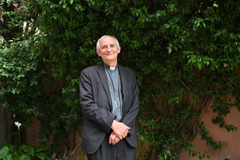 Italian Cardinal and newly-elected President of the Italian Bishop's Conference, Matteo Maria Zuppi poses following a press conference closing the Italian Bishops' Conference (Conferenza Episcopale Italiana, CEI) on May 27, 2022 in Rome. Andreas SOLARO / AFP