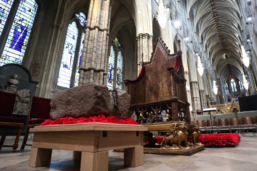 The Stone of Destiny is pictured inside Westminster Abbey in central London on April 29, 2023 during a welcome ceremony. The stone, an ancient symbol of Scotland’s monarchy, will play a central role in the Coronation of The King in the Abbey on Saturday 6th May. In 1296, King Edward I brought the stone to Westminster. He placed it within the Coronation Chair, the oak seat he commissioned in 1300-1301 and which has been the centre piece of coronations for more than 700 years. In 1996, the UK government announced that the stone would return to Scotland, but would come back to the Abbey for coronations. Susannah Ireland / POOL / AFP The Stone of Destiny is pictured inside Westminster Abbey in central London on April 29, 2023 during a welcome ceremony. The stone, an ancient symbol of Scotland’s monarchy, will play a central role in the Coronation of The King in the Abbey on Saturday 6th May. In 1296, King Edward I brought the stone to Westminster. He placed it within the Coronation Chair, the oak seat he commissioned in 1300-1301 and which has been the centre piece of coronations for more than 700 years. In 1996, the UK government annou