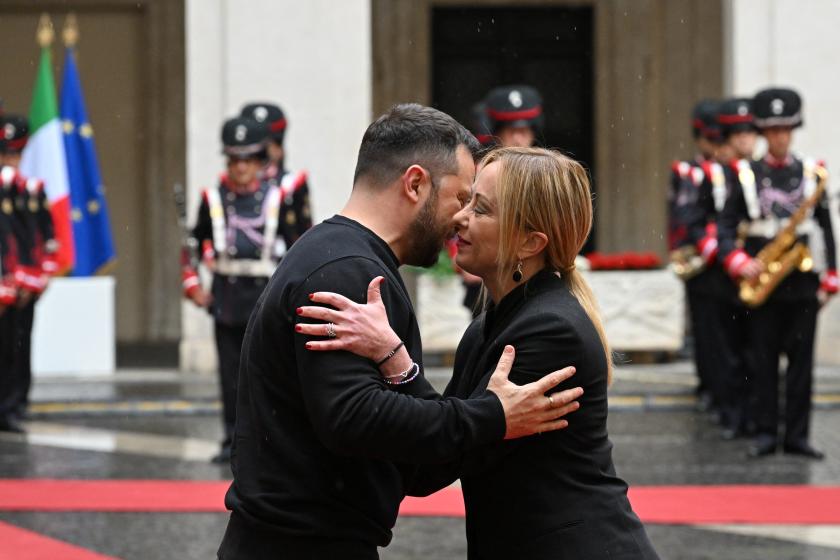 Italy's Prime Minister, Giorgia Meloni greets Ukrainian President Volodymyr Zelensky upon his arrival for their meeting on May 13, 2023 at Palazzo Chigi in Rome. Ukrainian President Volodymyr Zelensky arrived in Rome on May 13 for meetings with President of Italy, Prime Minister and the Pope in his first visit to Italy since Russia's invasion. Alberto PIZZOLI / AFP Italy's Prime Minister, Giorgia Meloni greets Ukrainian President Volodymyr Zelensky upon his arrival for their meeting on May 13, 2023 at Palazzo Chigi in Rome. Ukrainian President Volodymyr Zelensky arrived in Rome on May 13 for meetings with President of Italy, Prime Minister and the Pope in his first visit to Italy since Russia's invasion. Alberto PIZZOLI / AFP
