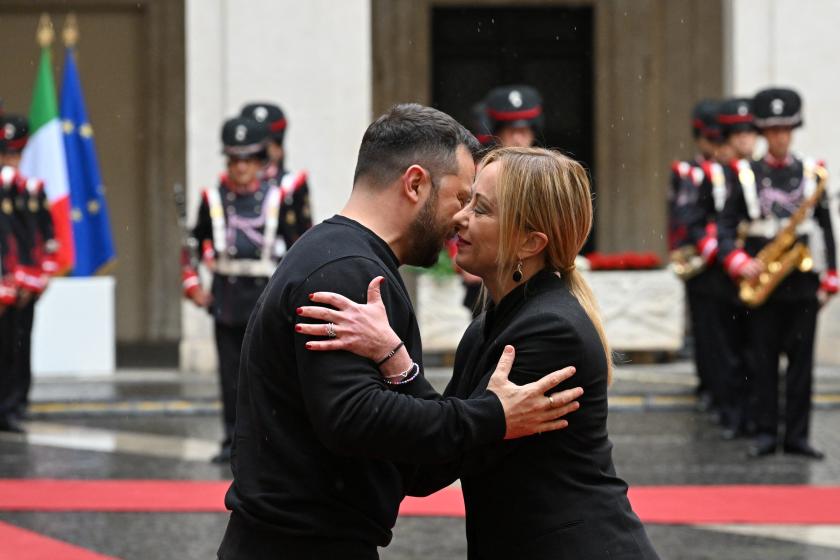 Italy's Prime Minister, Giorgia Meloni greets Ukrainian President Volodymyr Zelensky upon his arrival for their meeting on May 13, 2023 at Palazzo Chigi in Rome. Ukrainian President Volodymyr Zelensky arrived in Rome on May 13 for meetings with President of Italy, Prime Minister and the Pope in his first visit to Italy since Russia's invasion. Alberto PIZZOLI / AFP