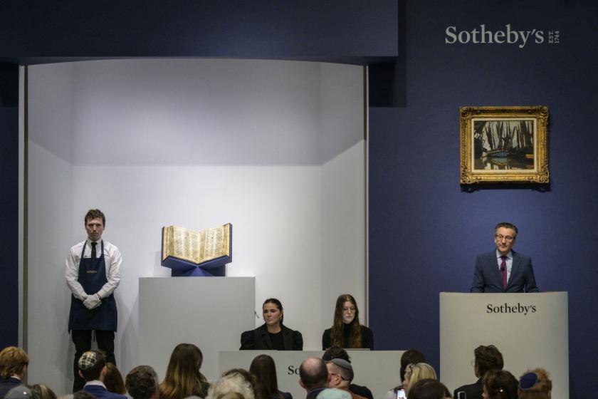 Sotheby’s auctioneer Benjamin Doller takes bids during the Codex Sassoon sale at Sotheby’s in New York City on May 17, 2023. According to Sotheby's the Codex Sassoon is the earliest and most complete Hebrew Bible ever discovered and will be offered for auction with an estimate of 30-50 million USD, making it the most valuable printed text or historical document ever offered. ANGELA WEISS / AFP Sotheby’s auctioneer Benjamin Doller takes bids during the Codex Sassoon sale at Sotheby’s in New York City on May 17, 2023. According to Sotheby's the Codex Sassoon is the earliest and most complete Hebrew Bible ever discovered and will be offered for auction with an estimate of 30-50 million USD, making it the most valuable printed text or historical document ever offered. ANGELA WEISS / AFP