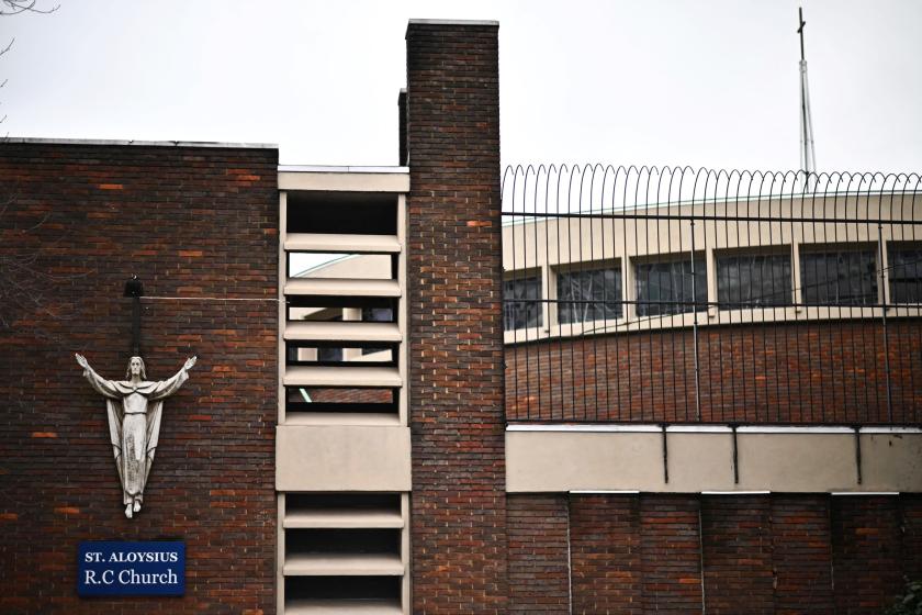 A photograph taken on January 16, 2023 shows the St Aloysius church, in Euston, central London, two days after a shooting erupted in the church during a service. London police said on January 16, 2022 they had arrested a 22-year-old man after a seven-year-old girl was left fighting for her life following a shooting as mourners left a church service. Gunshots rang out at the St Aloysius church in Euston, central London, on January 14, 2022 afternoon as mourners were leaving a requiem mass for a mother and daughter.
Ben Stansall / AFP A photograph taken on January 16, 2023 shows the St Aloysius church, in Euston, central London, two days after a shooting erupted in the church during a service. London police said on January 16, 2022 they had arrested a 22-year-old man after a seven-year-old girl was left fighting for her life following a shooting as mourners left a church service. Gunshots rang out at the St Aloysius church in Euston, central London, on January 14, 2022 afternoon as mourners were leaving a requiem mass for a mother and da